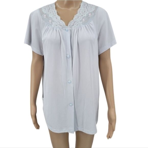 Shadowline Vintage Light Blue Nylon Pajama Top Bed Jacket Blouse - Picture 1 of 12